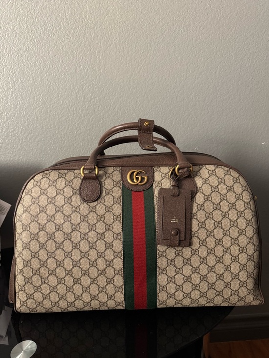 Gucci Other - Gucci Beige GG Supreme Canvas Duffel with Green and Red Stripe